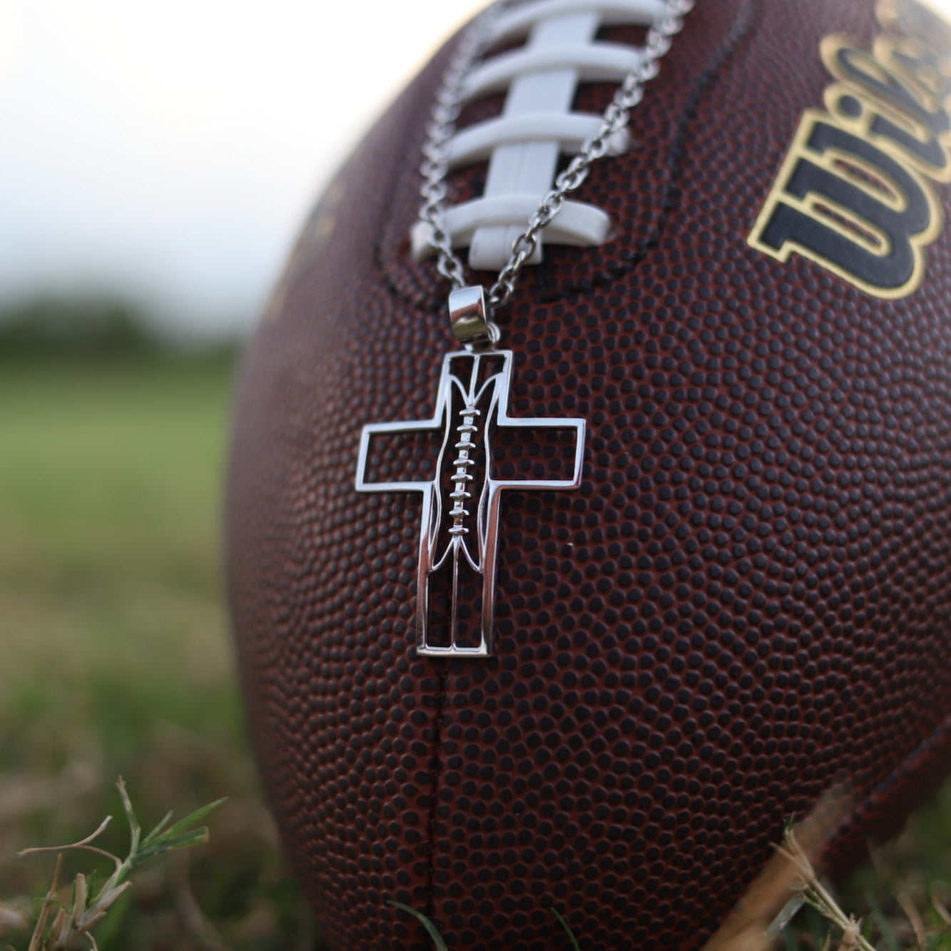 Christian Football Cross Necklace In Silver | All In Faith Gridiron Football Cross Pendant