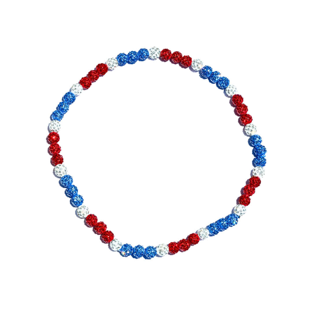Necklace with red, white, and blue beads on a white background