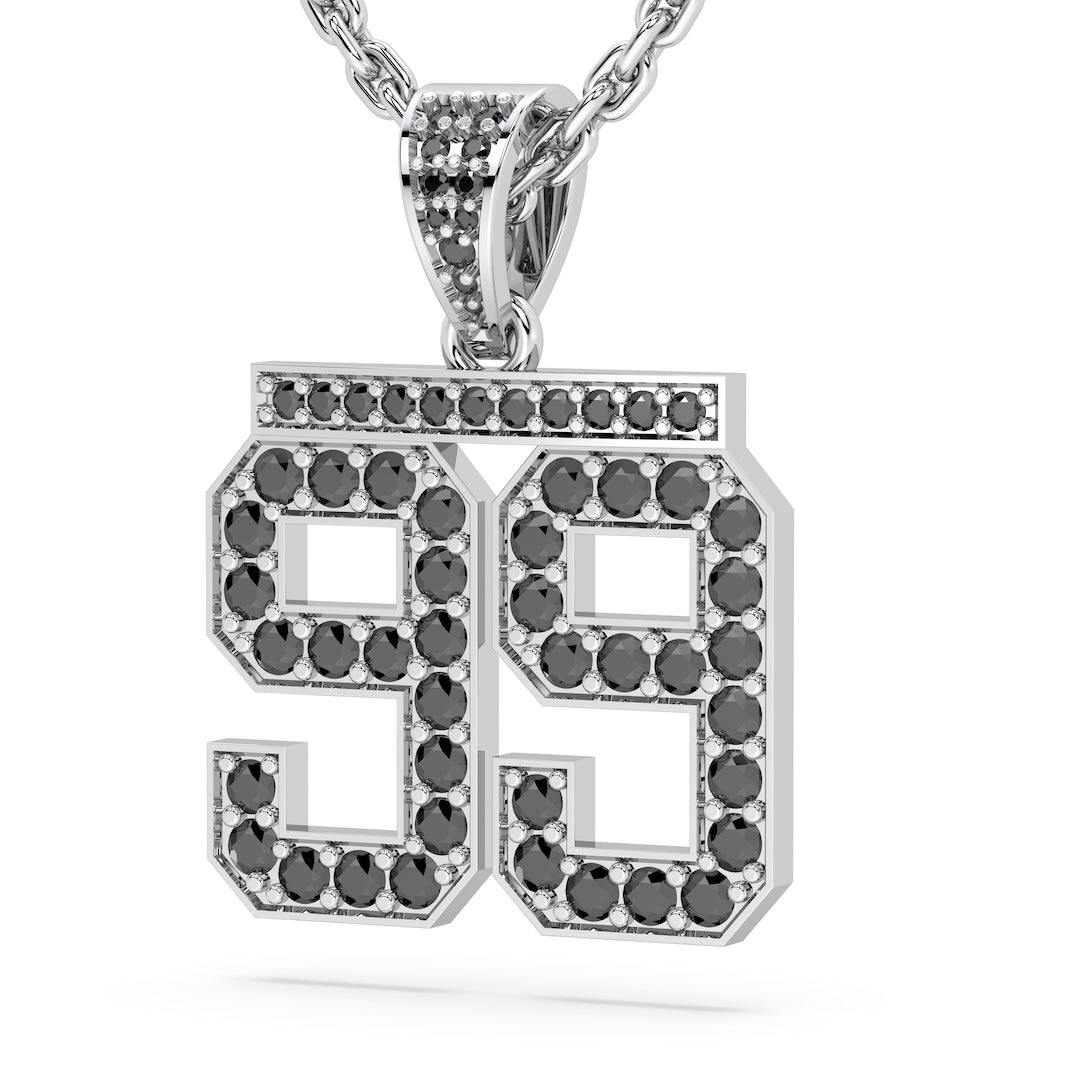 Diamond Studded Jersey Number Necklace - Silver Black Stones