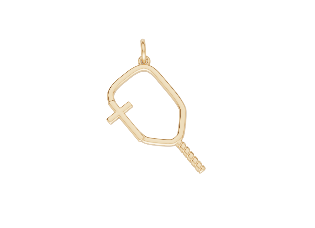 Gold pickleball cross necklace shaped like a paddle – Christian pickleball jewelry pendant | 14K gold pickleball necklace with cross design – Christian athlete jewelry