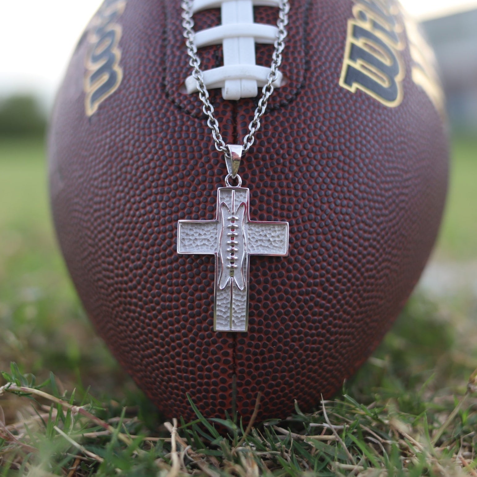 Pigskin Football Cross Necklace In Sterling Silver | All In Faith Jewelry