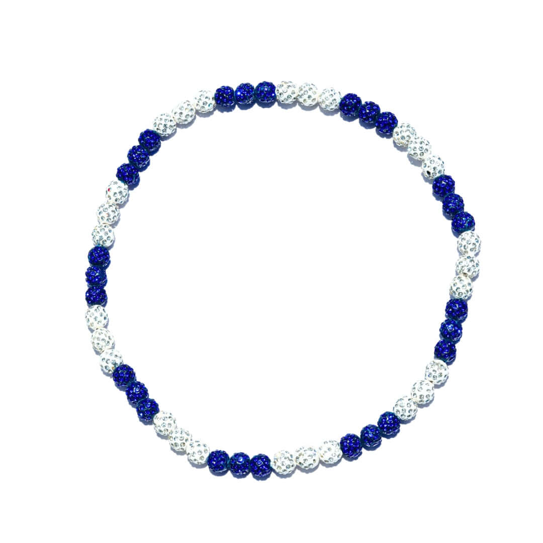 Necklace with blue and white beads on a white background