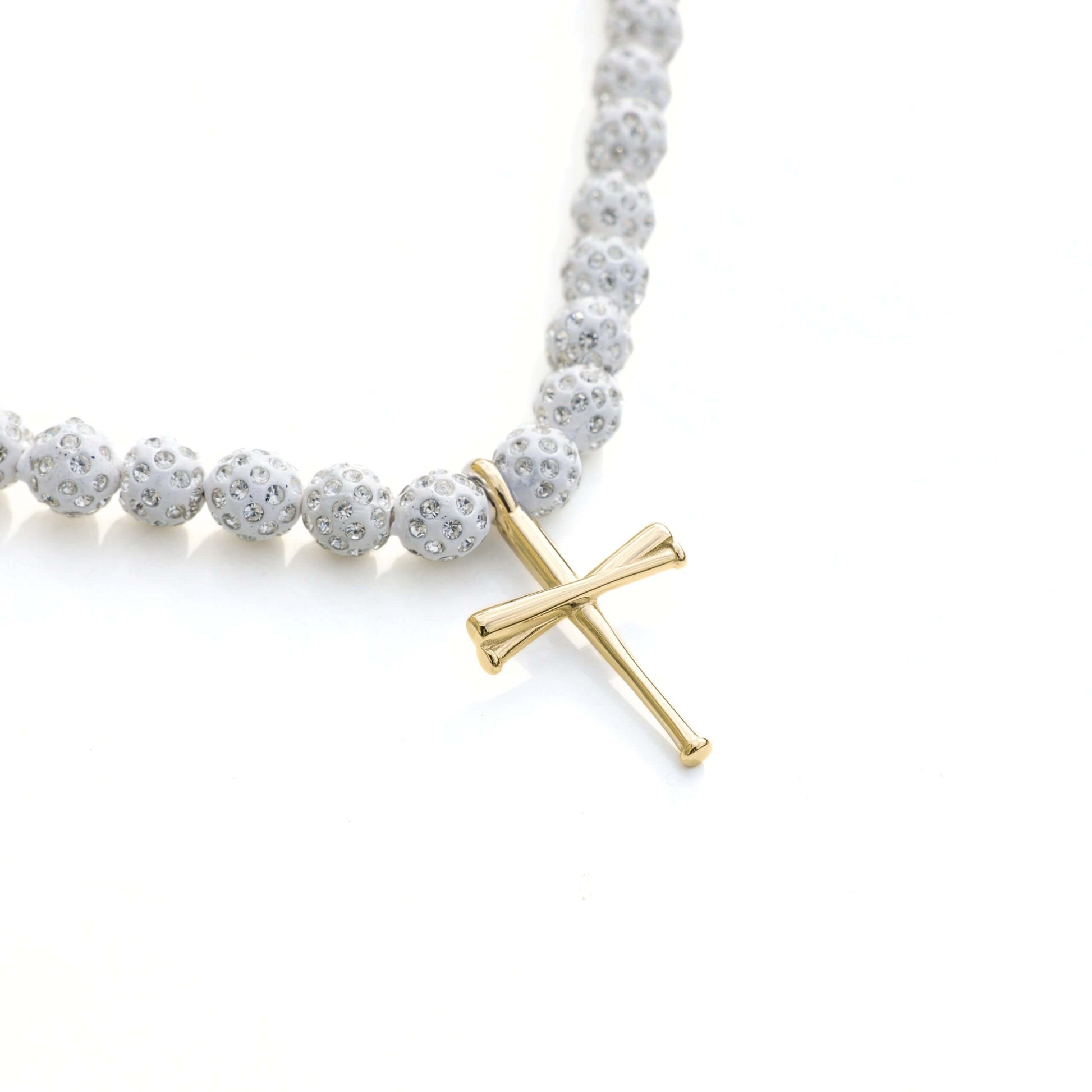 White Iced Out Baseball Bead Necklace With Gold FiveTool Baseball Bat Cross Pendant - AIF EXCLUSIVE