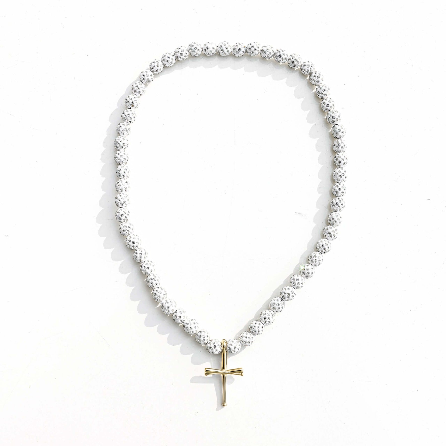 White Iced Out Baseball Bead Necklace With Gold FiveTool Baseball Bat Cross Pendant - AIF EXCLUSIVE
