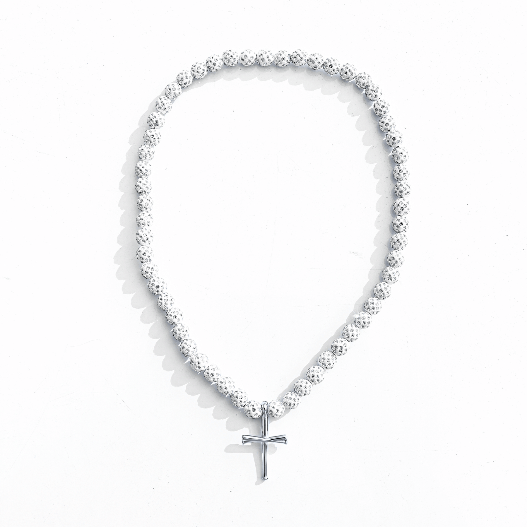 White Iced Out Baseball Bead Necklace With Silver FiveTool Baseball Bat Cross Pendant - AIF EXCLUSIVE