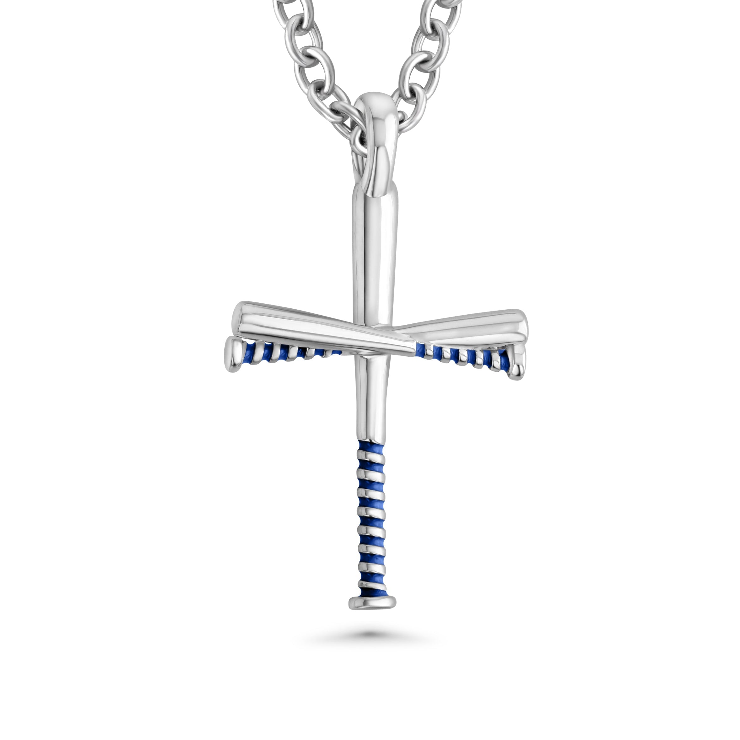Silver baseball bat cross pendant with blue accents on a white background