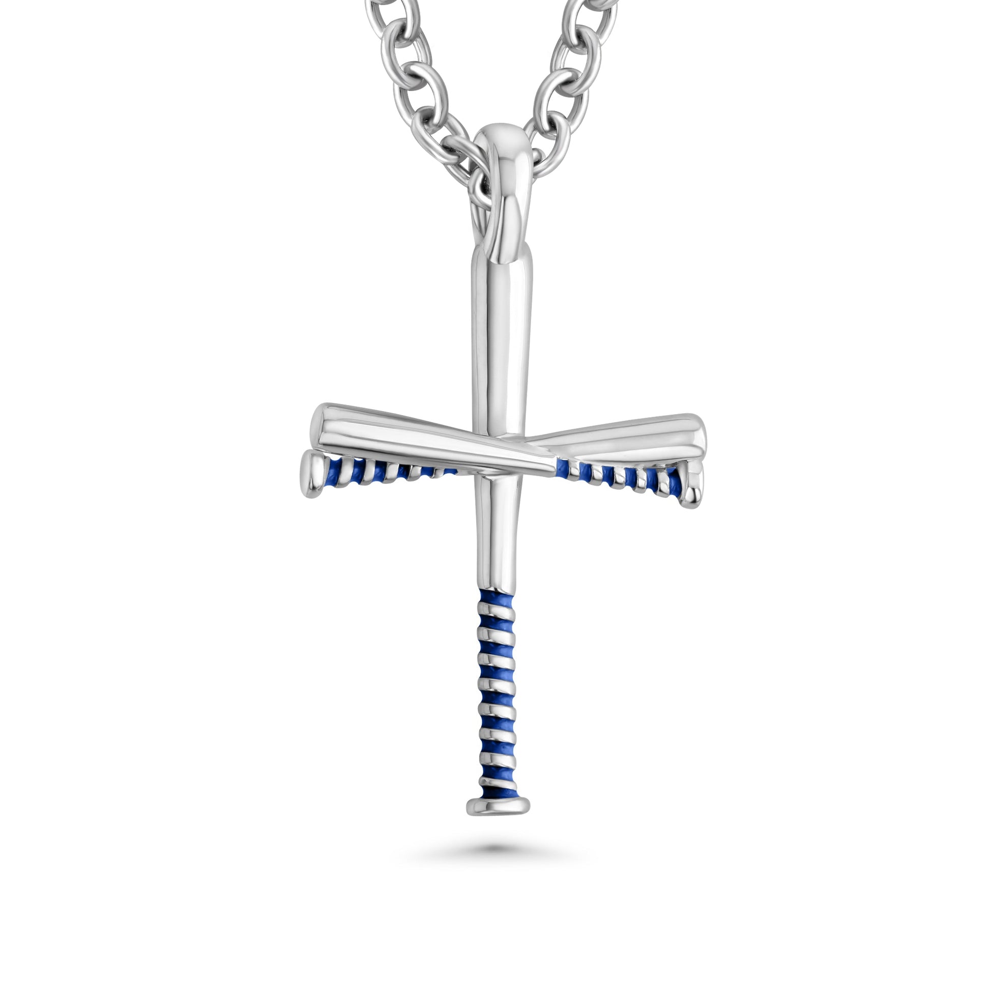 Silver baseball bat cross pendant with blue accents on a white background