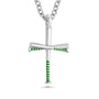 Silver baseball bat cross pendant with green accents on a white background