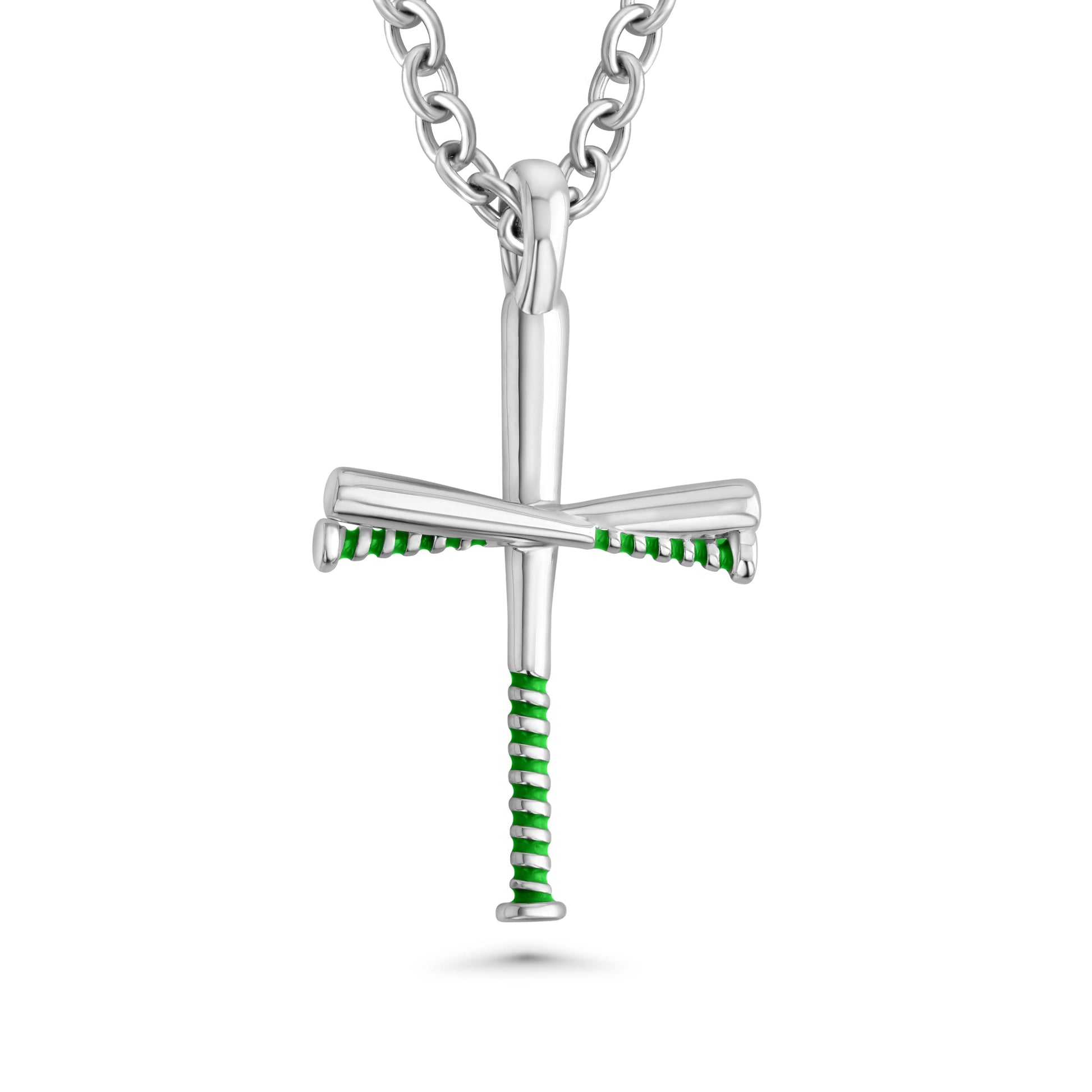 Silver baseball bat cross pendant with green accents on a white background