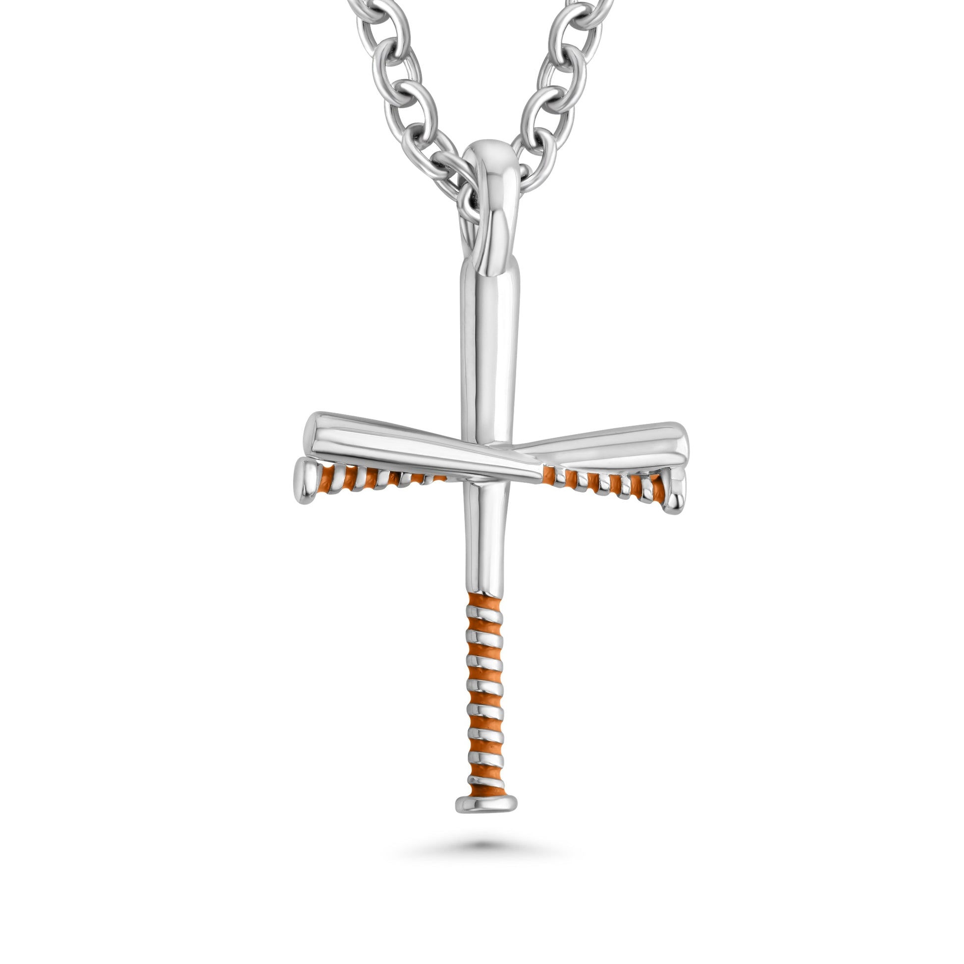 Silver baseball bat cross pendant on a chain against a white background with orange grips