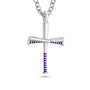 Silver baseball bat cross pendant with purple accents on a white background