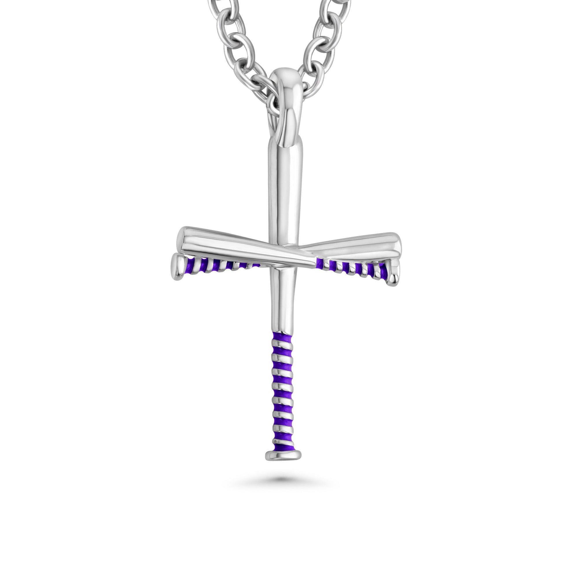 Silver baseball bat cross pendant with purple accents on a white background