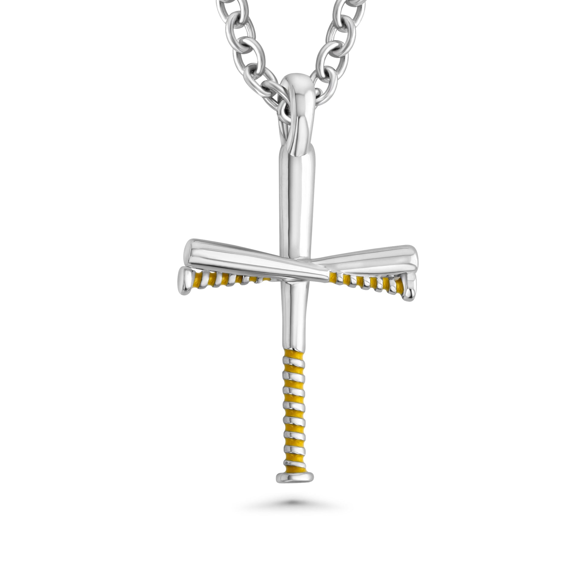 Silver baseball bat cross pendant on a chain against a white background with yellow grip