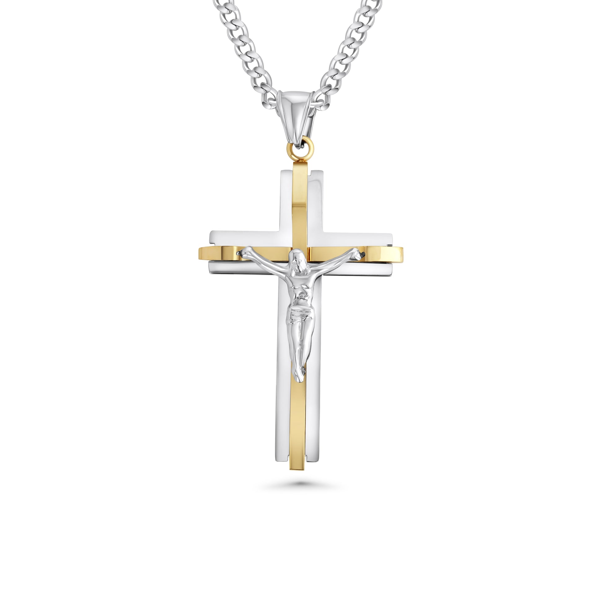 silver crucifix Cross pendant with gold Jesus figure on a white background