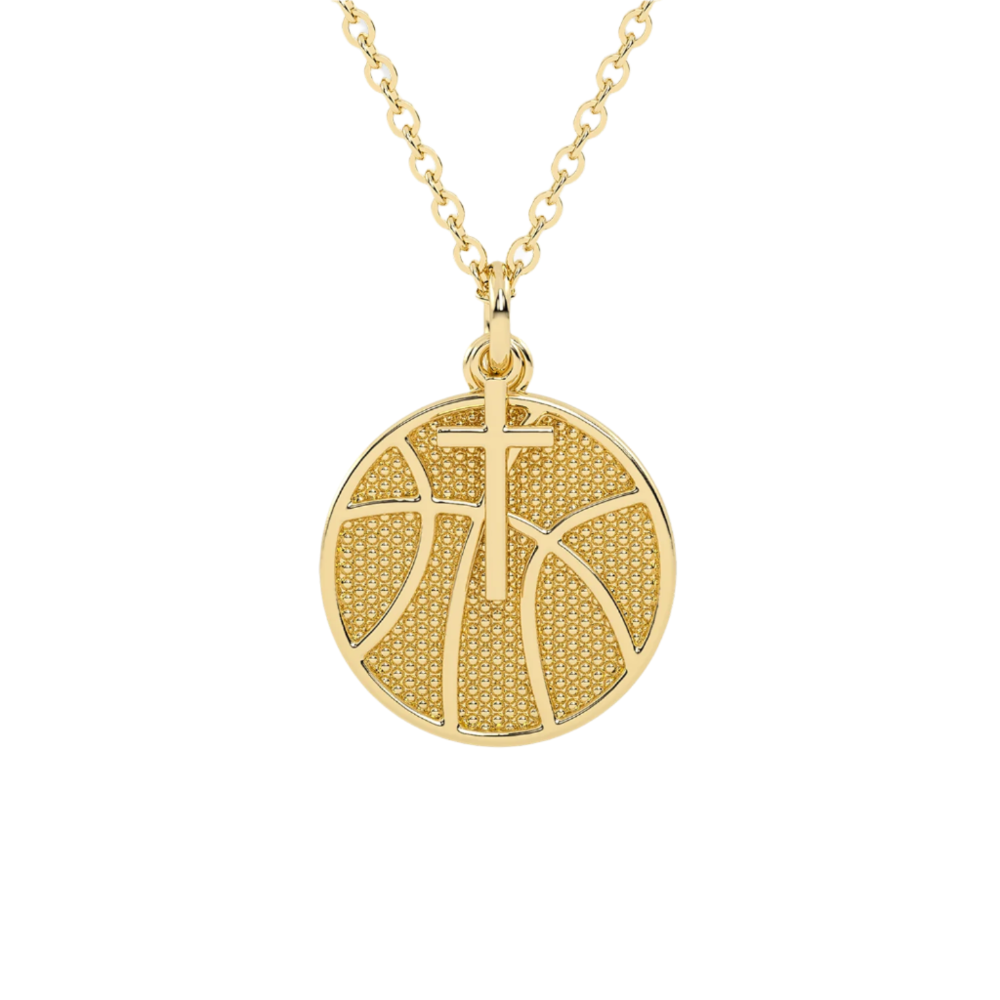 Gold Mini Basketball Pendant with Dangle Cross