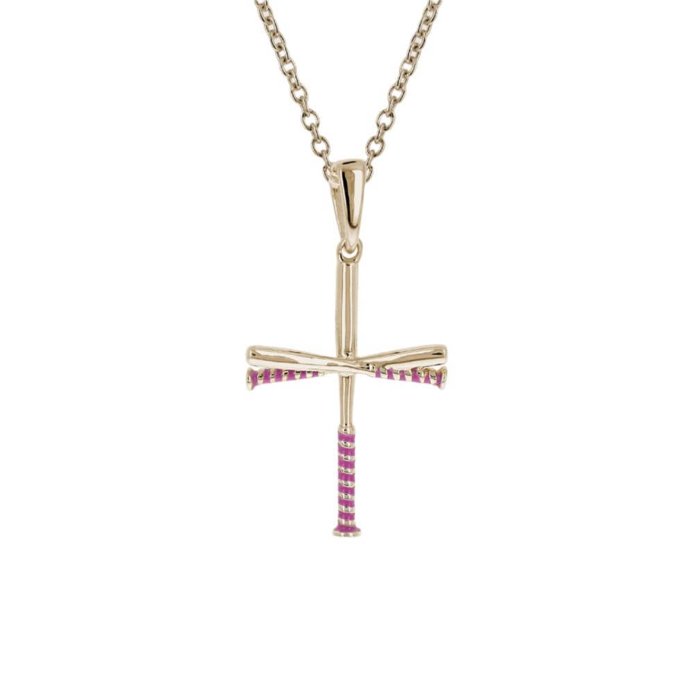 Gold Mini Pink Enamel Softball Cross Pendant
