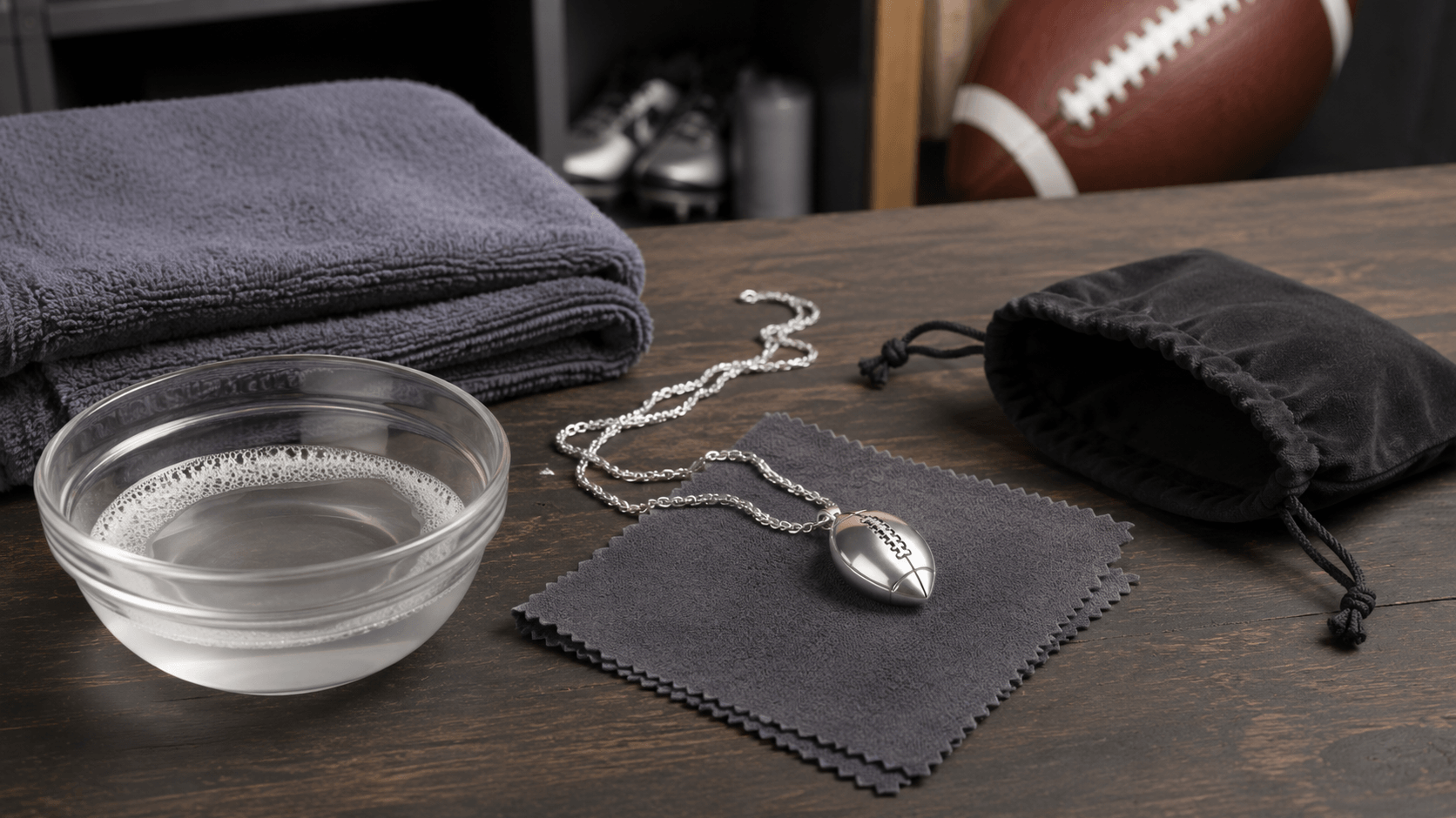 Football necklace arranged with mild soapy water microfiber cloth and storage pouch