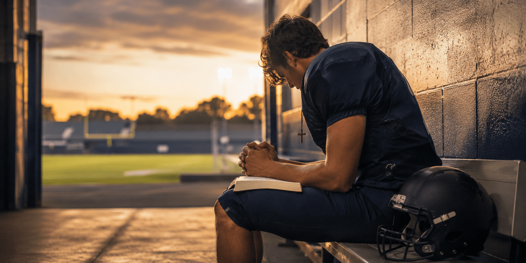 Football player praying over an open Bible before a game