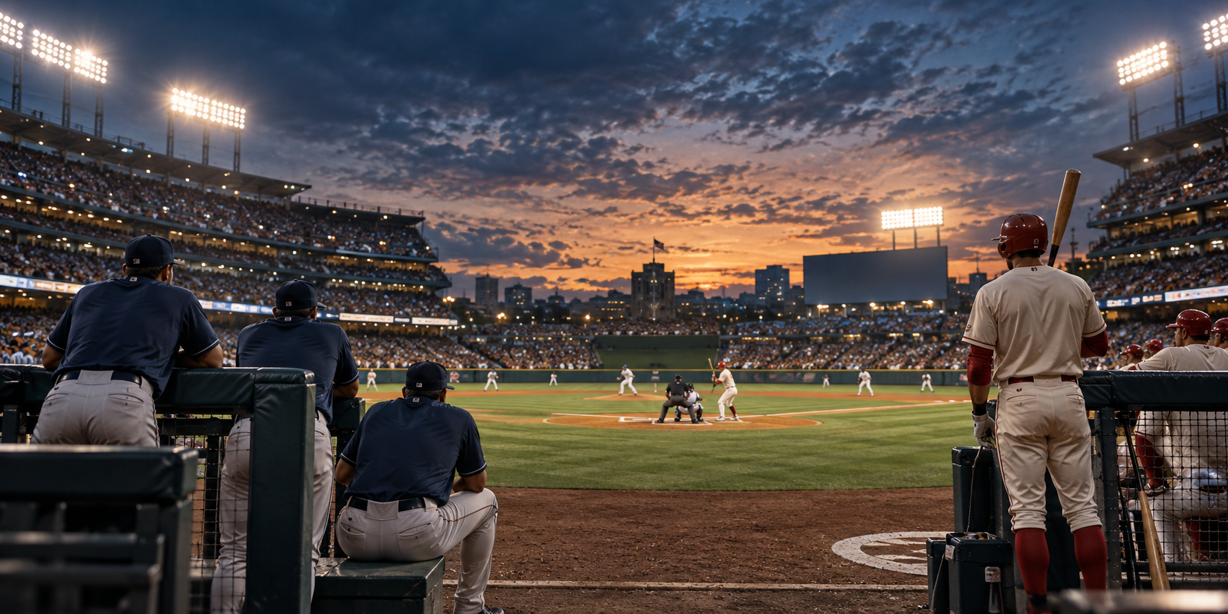 Baseball players watching a postseason game from opposing dugouts under stadium lights
