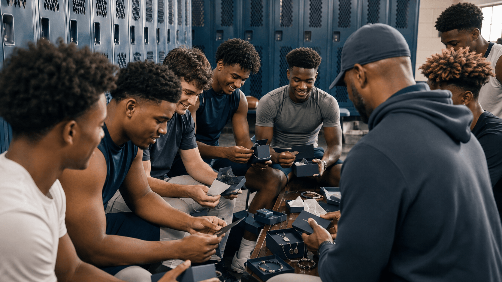 Football players and coach opening coordinated team gifts in a locker room
