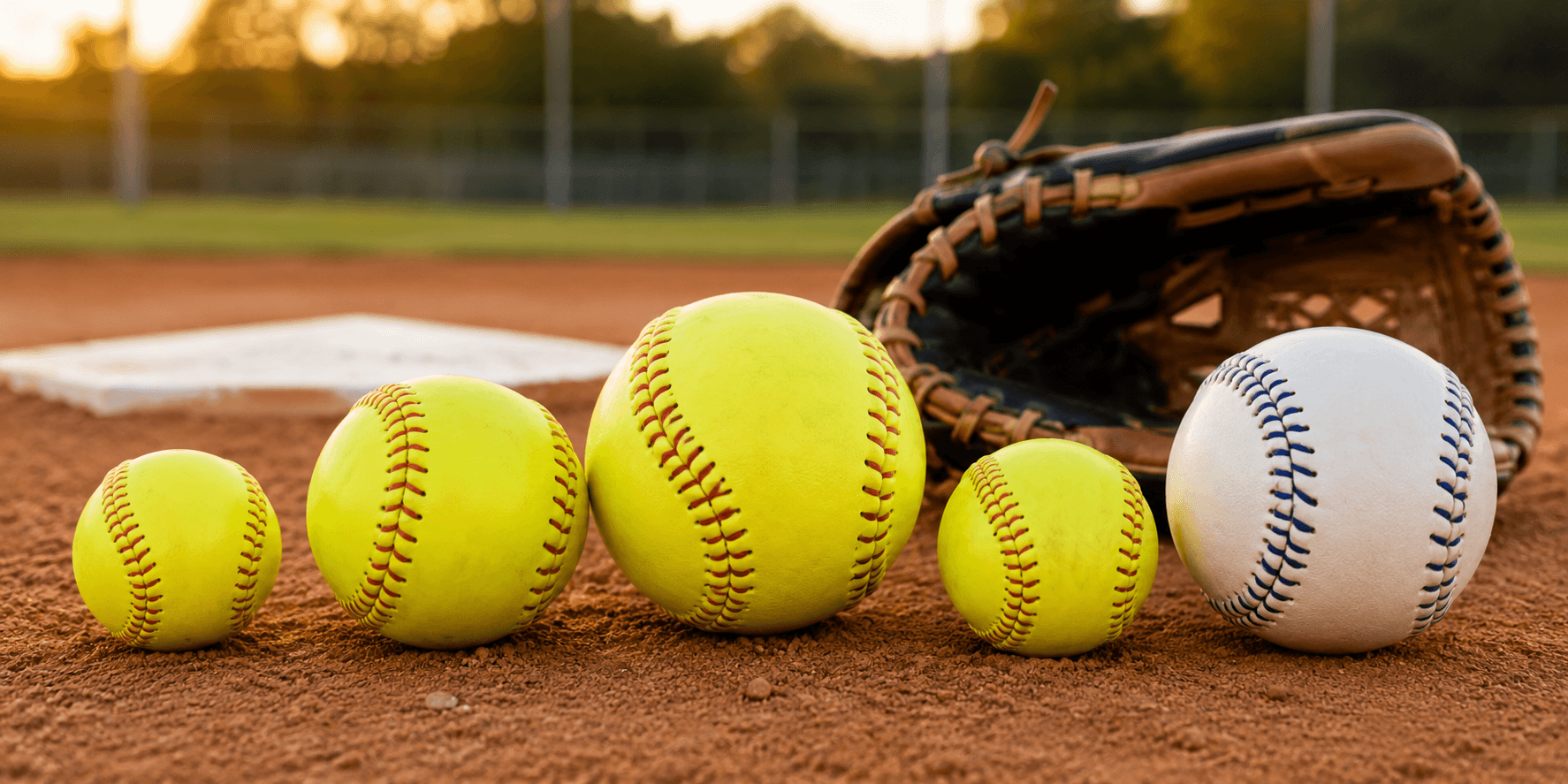 Softball ball sizes with yellow and white softballs on an infield