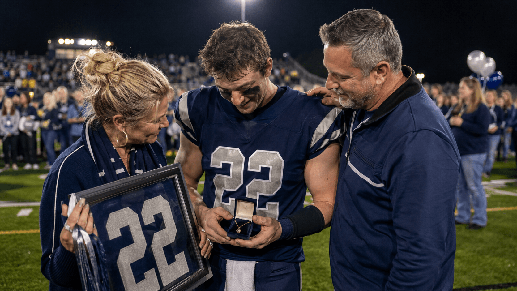Senior football player receiving a necklace and framed jersey from his parents