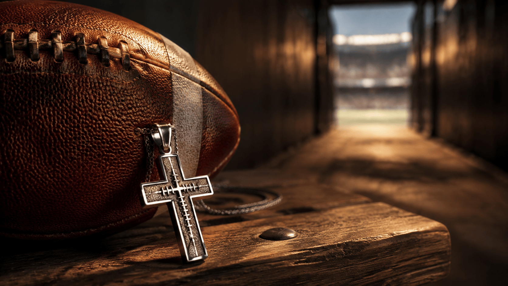 Silver football-inspired cross necklace beside a football in a stadium tunnel