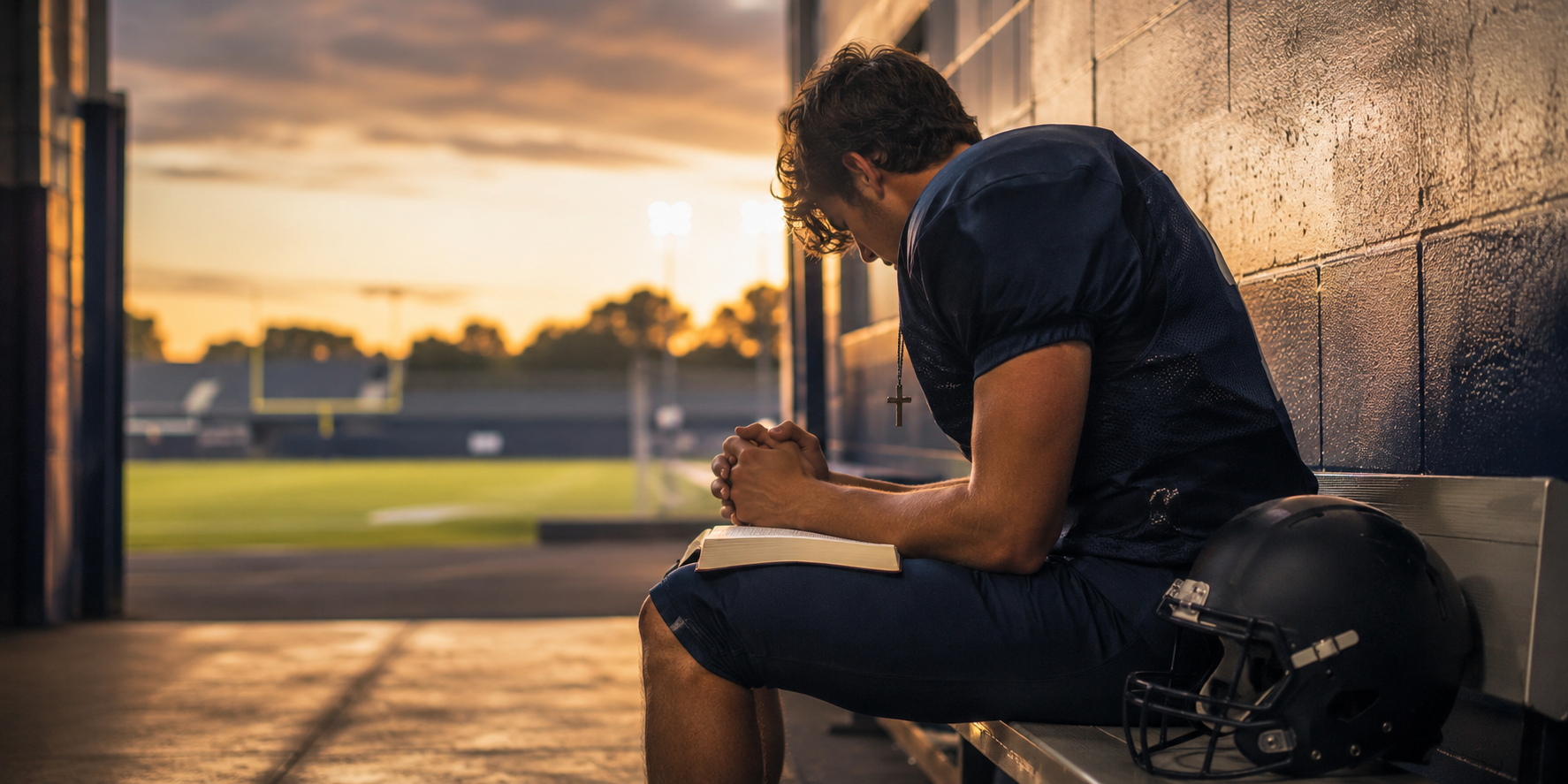 Football player praying over an open Bible before a game