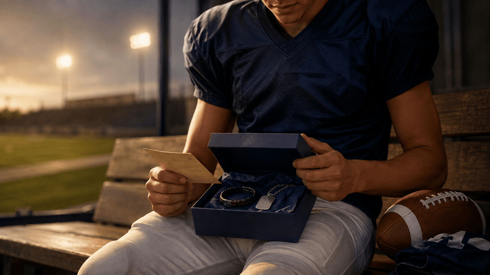 Teen football player opening a meaningful jewelry gift beside a football at sunset
