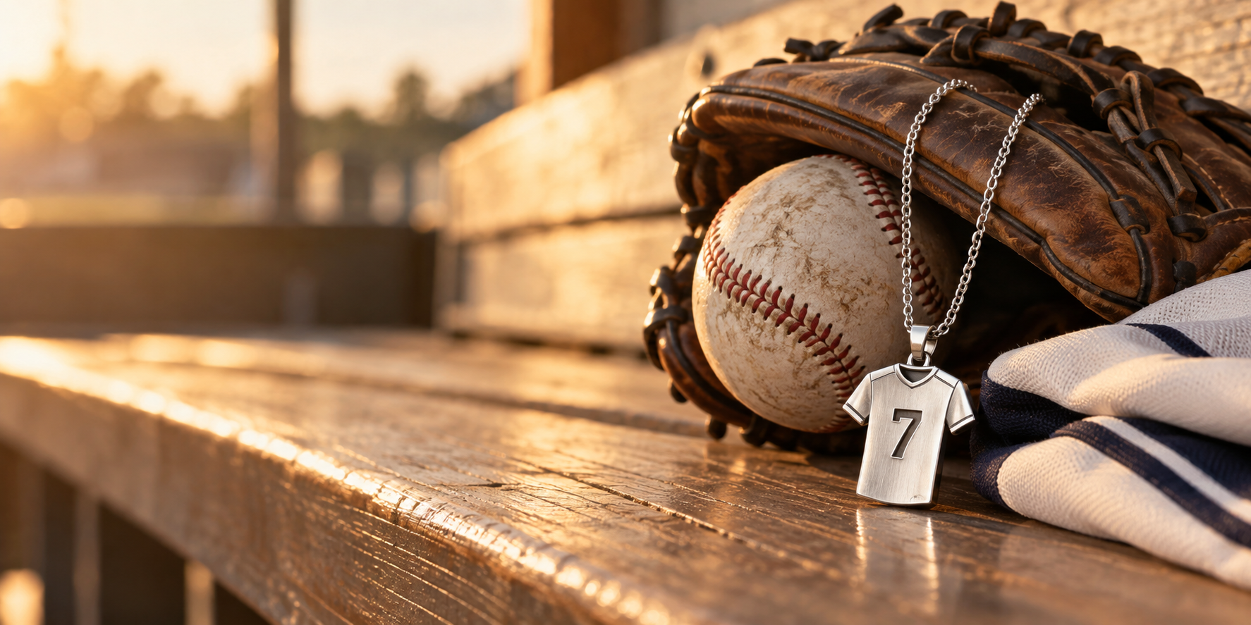 Jersey number necklace displayed with a baseball and glove in a dugout