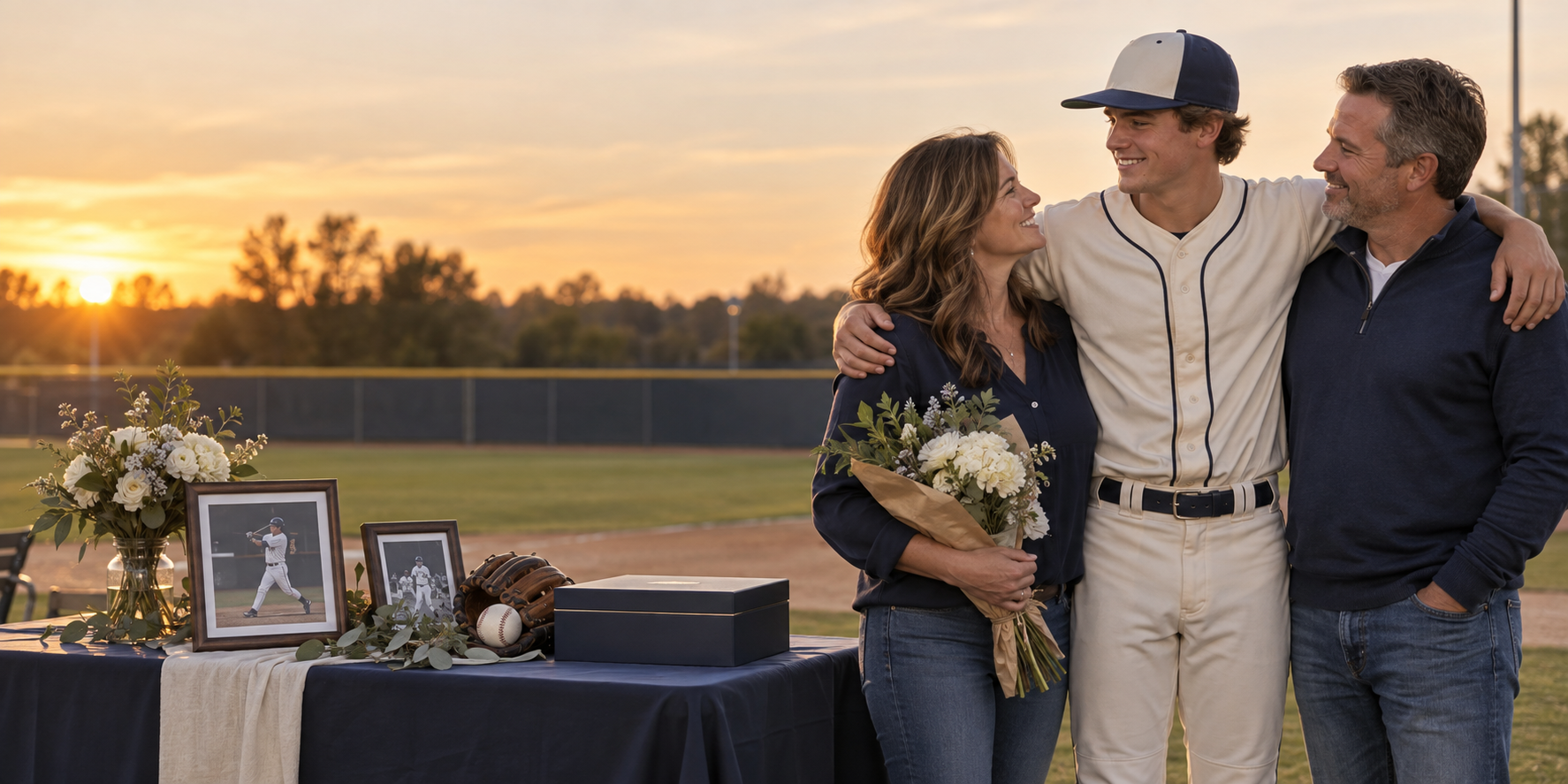 Senior baseball player celebrating with his parents beside a keepsake table