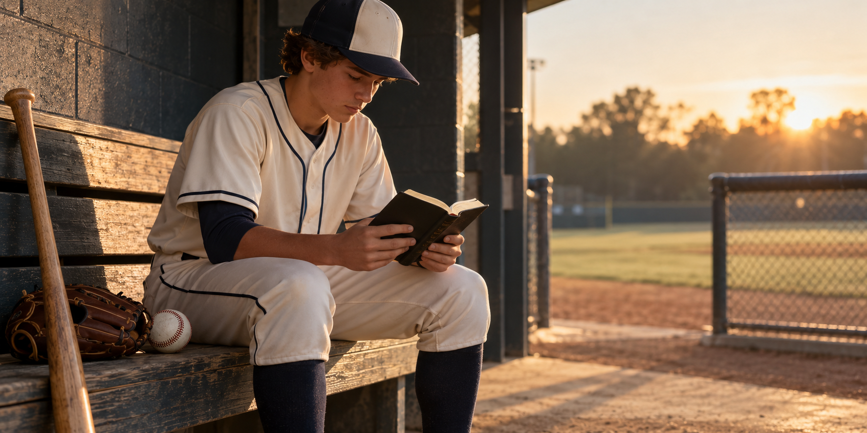Baseball player reading the Bible quietly in a dugout before a game