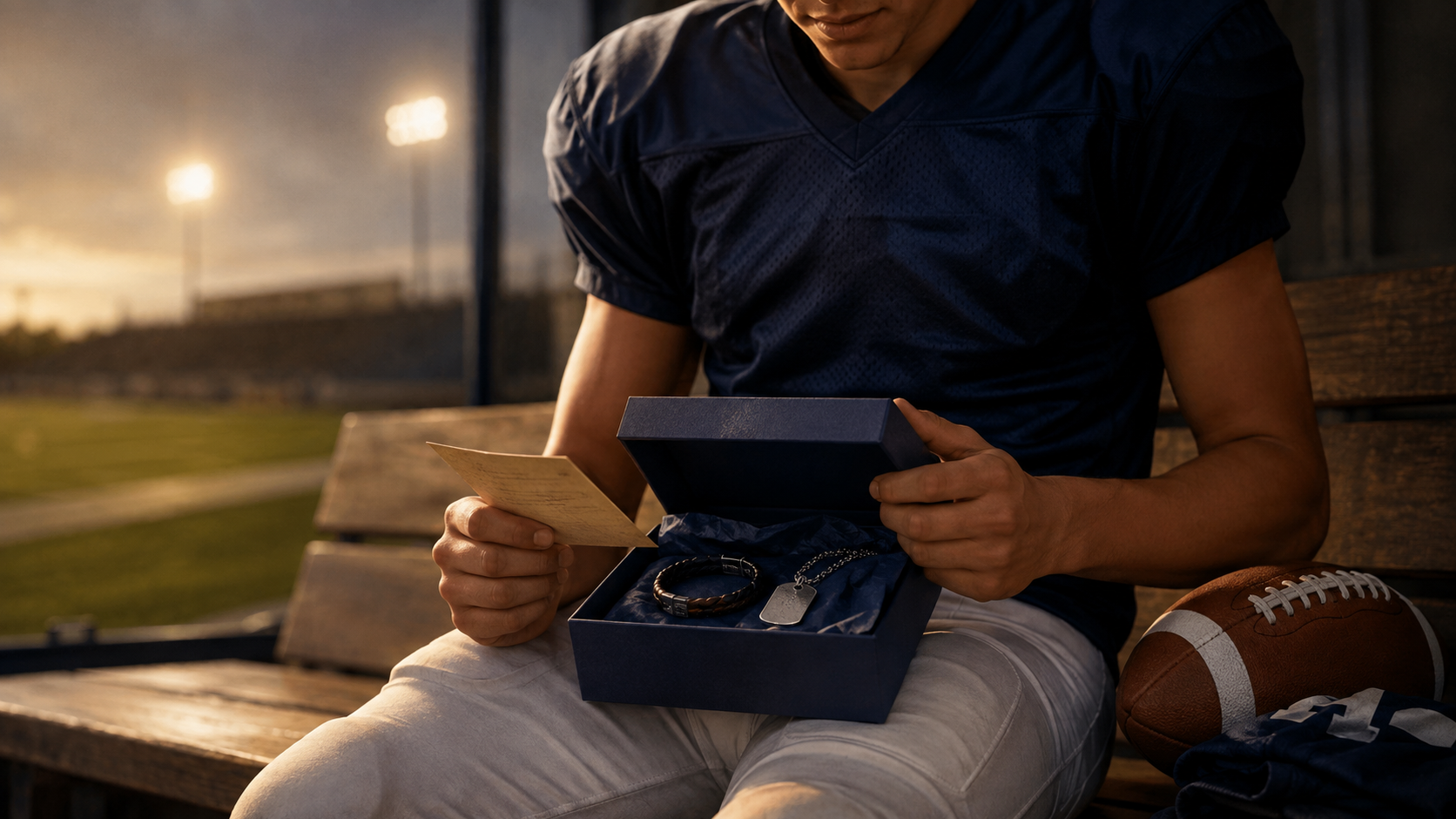 Teen football player opening a meaningful jewelry gift beside a football at sunset