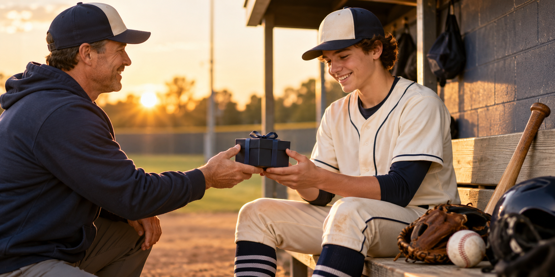 Teen baseball player receiving a meaningful gift beside a dugout at sunset