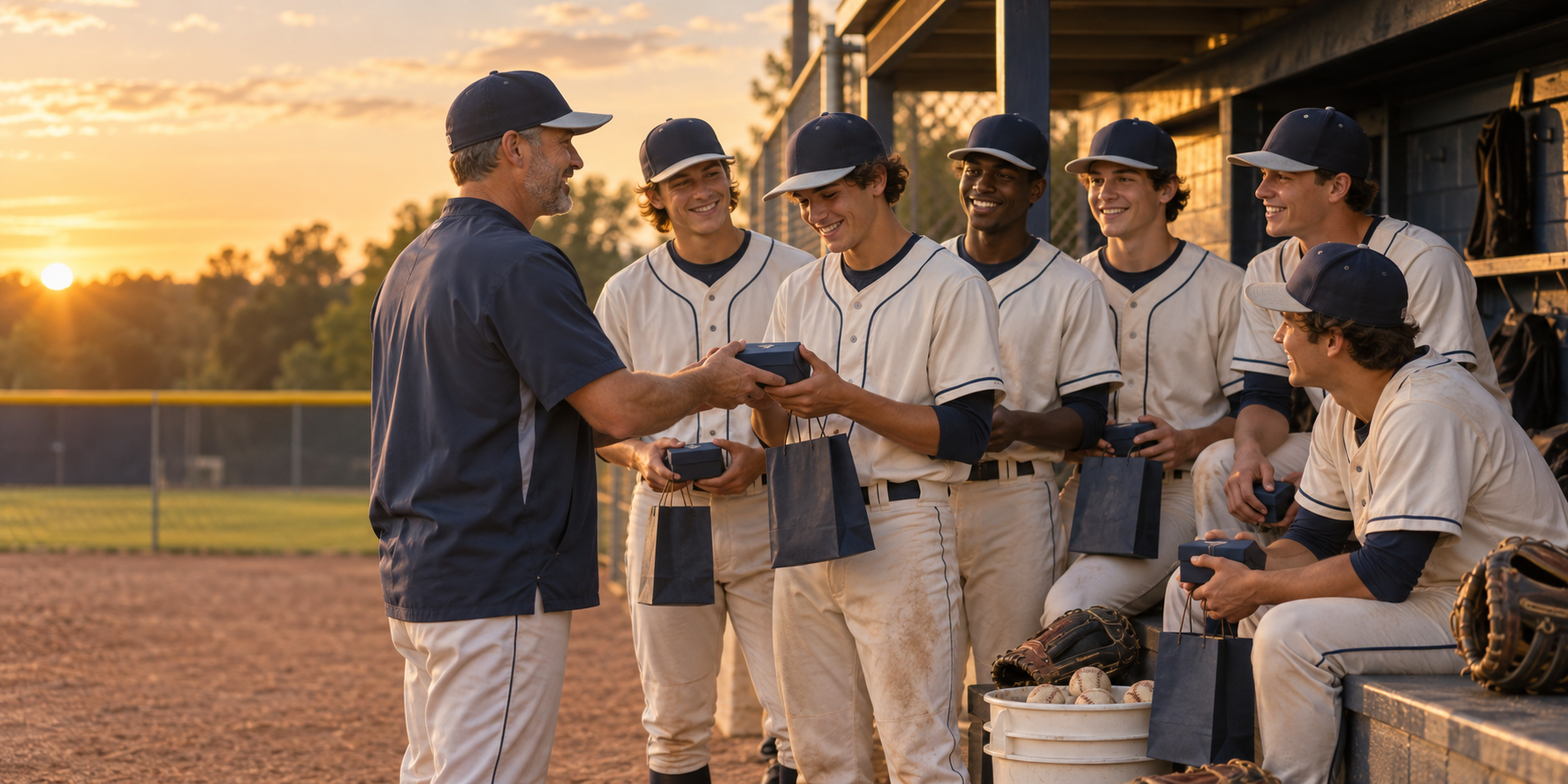 Baseball coach presenting team gifts to players beside a dugout