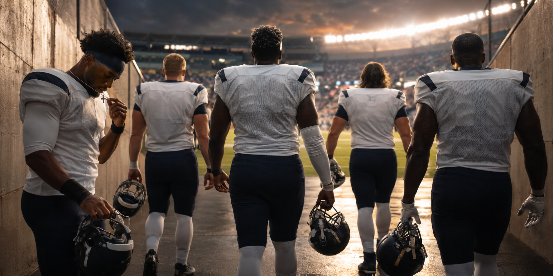 Five Christian football players walking from a stadium tunnel toward the field