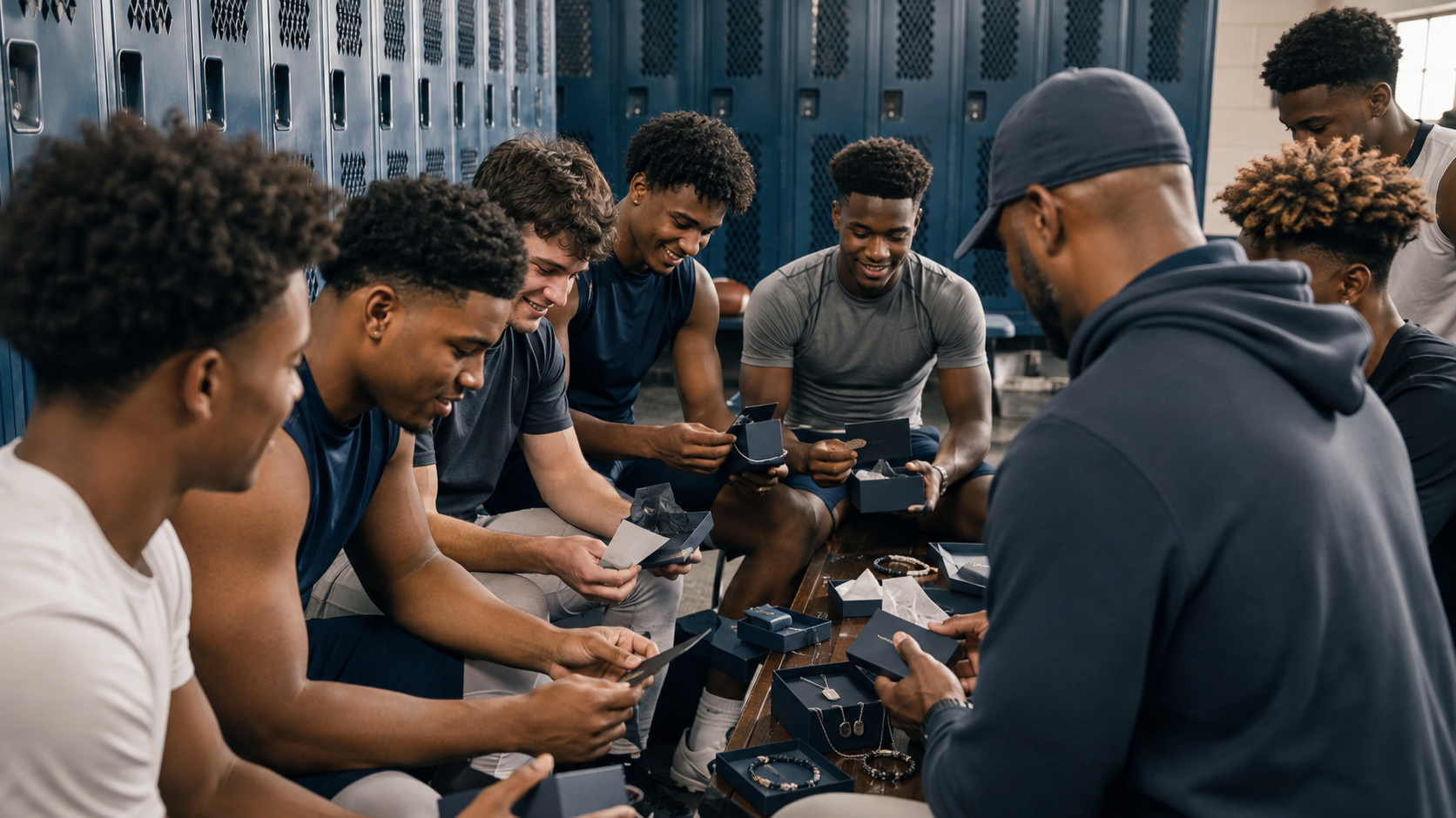 Football players and coach opening coordinated team gifts in a locker room