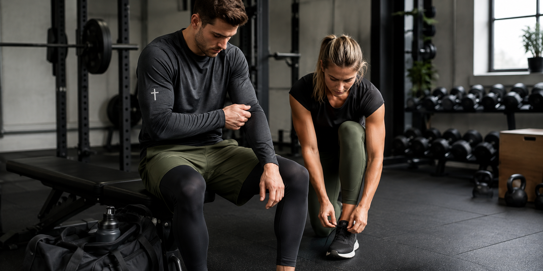 Man and woman wearing Christian workout clothes while preparing to exercise in a gym