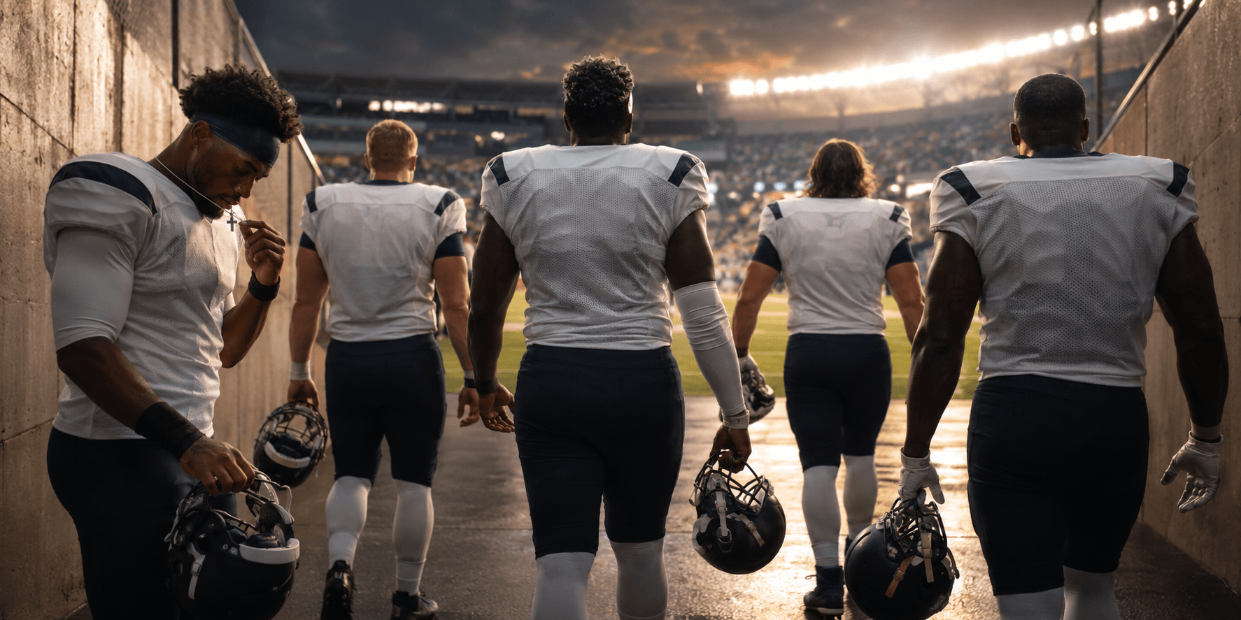 Five Christian football players walking from a stadium tunnel toward the field