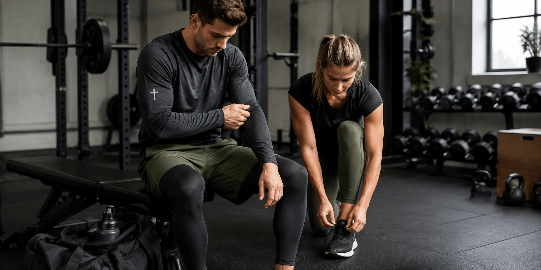 Man and woman wearing Christian workout clothes while preparing to exercise in a gym