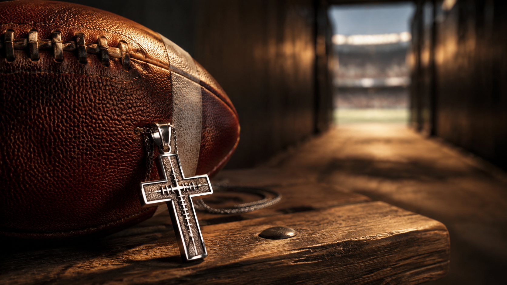 Silver football-inspired cross necklace beside a football in a stadium tunnel