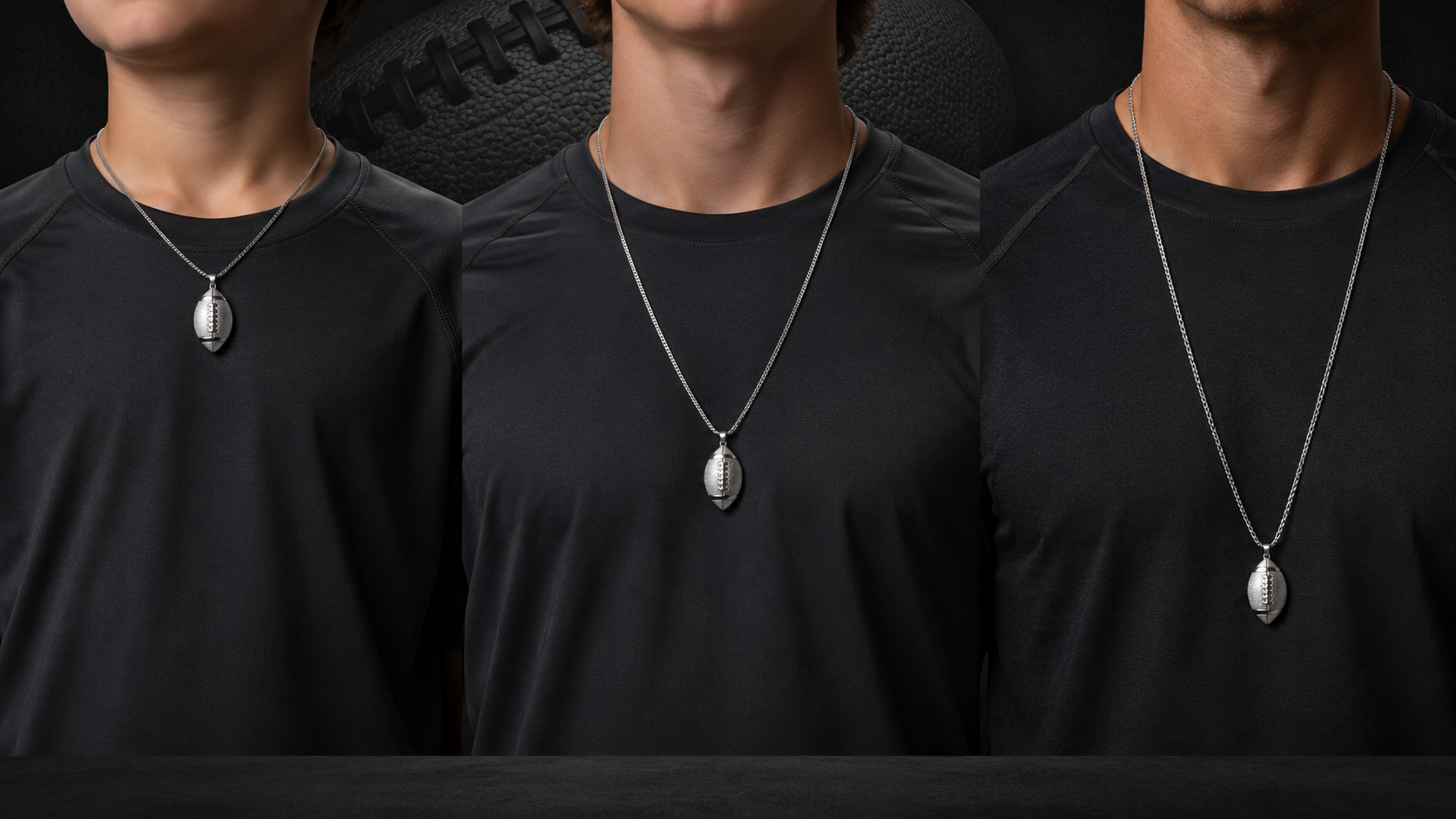 Youth teen and adult wearing football pendants at three different chain lengths