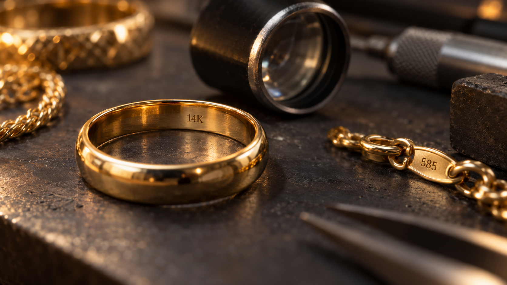Gold ring and chain showing 14K and 585 jewelry stamps on a jeweler's bench