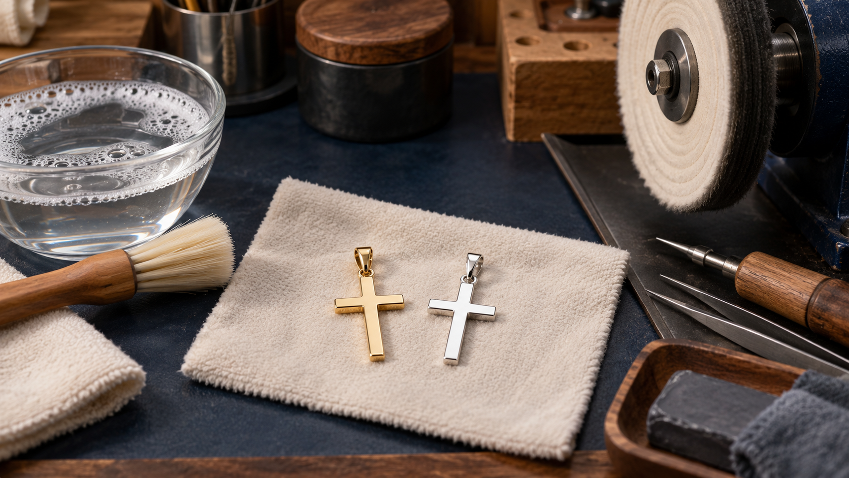 Gold and silver cross pendants beside jewelry cleaning and polishing tools