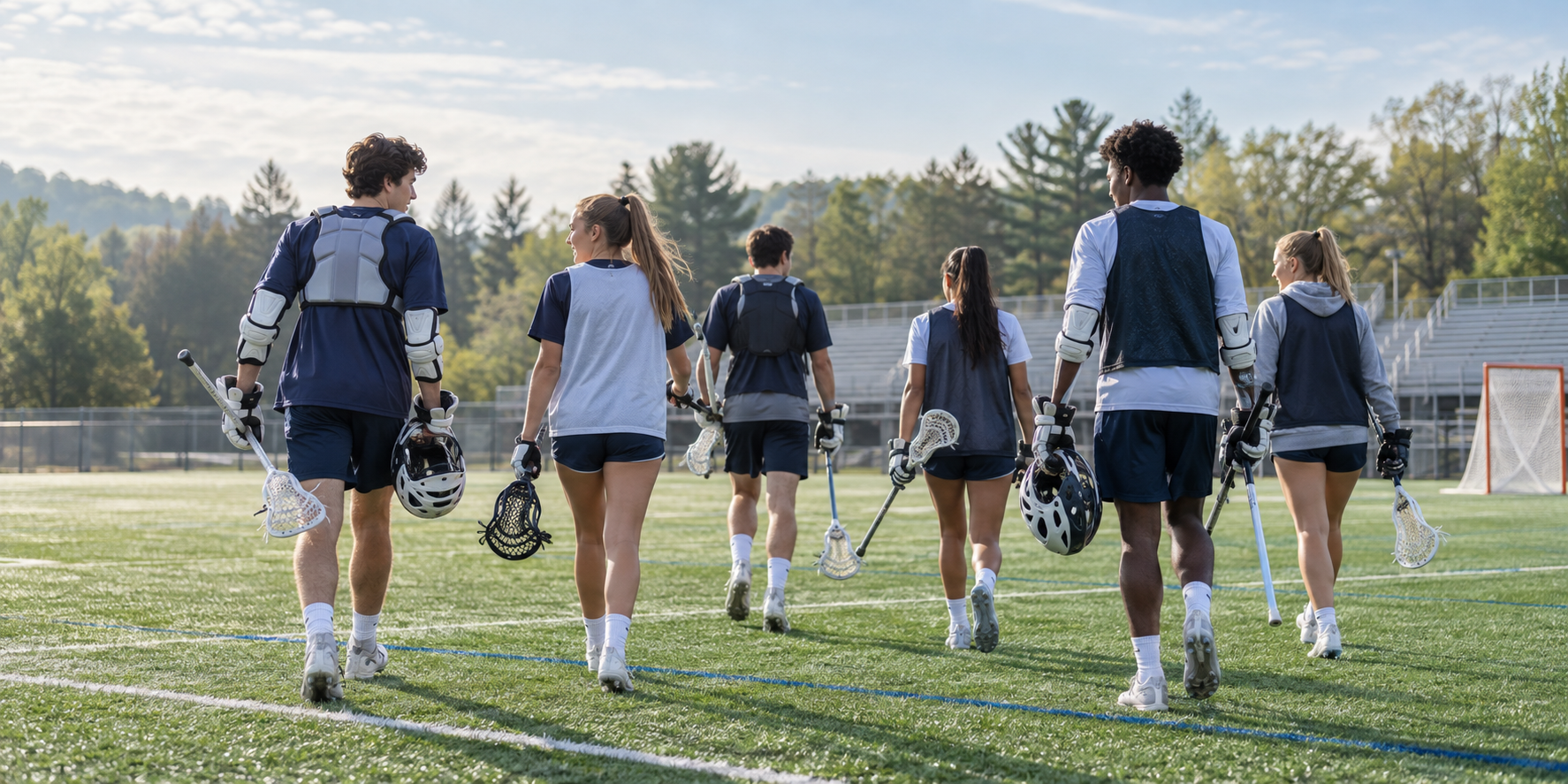 Youth and high school lacrosse players walking onto a field for spring practice