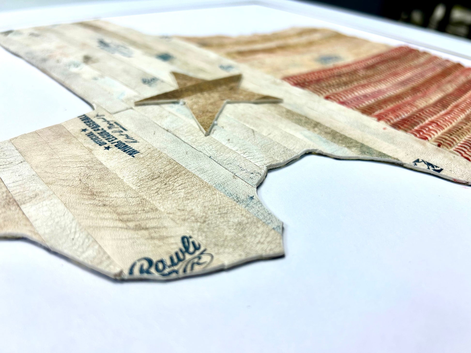 Texas State Original Artwork - made from used baseballs, showcasing detailed craftsmanship and hand-cut design.