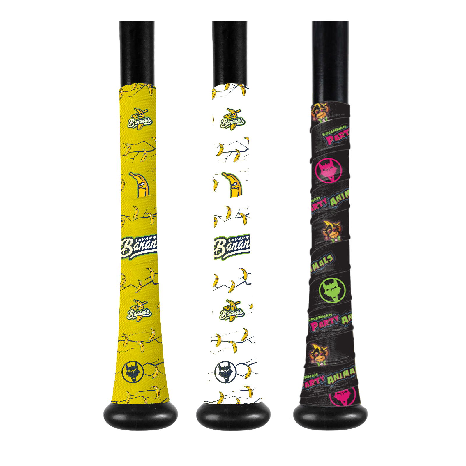 Savannah Bananas Bat Grip Collection featuring vibrant designs and official branding.