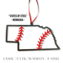 Nebraska Steel Baseball Christmas Ornament featuring laser-cut design and red baseball stitches
