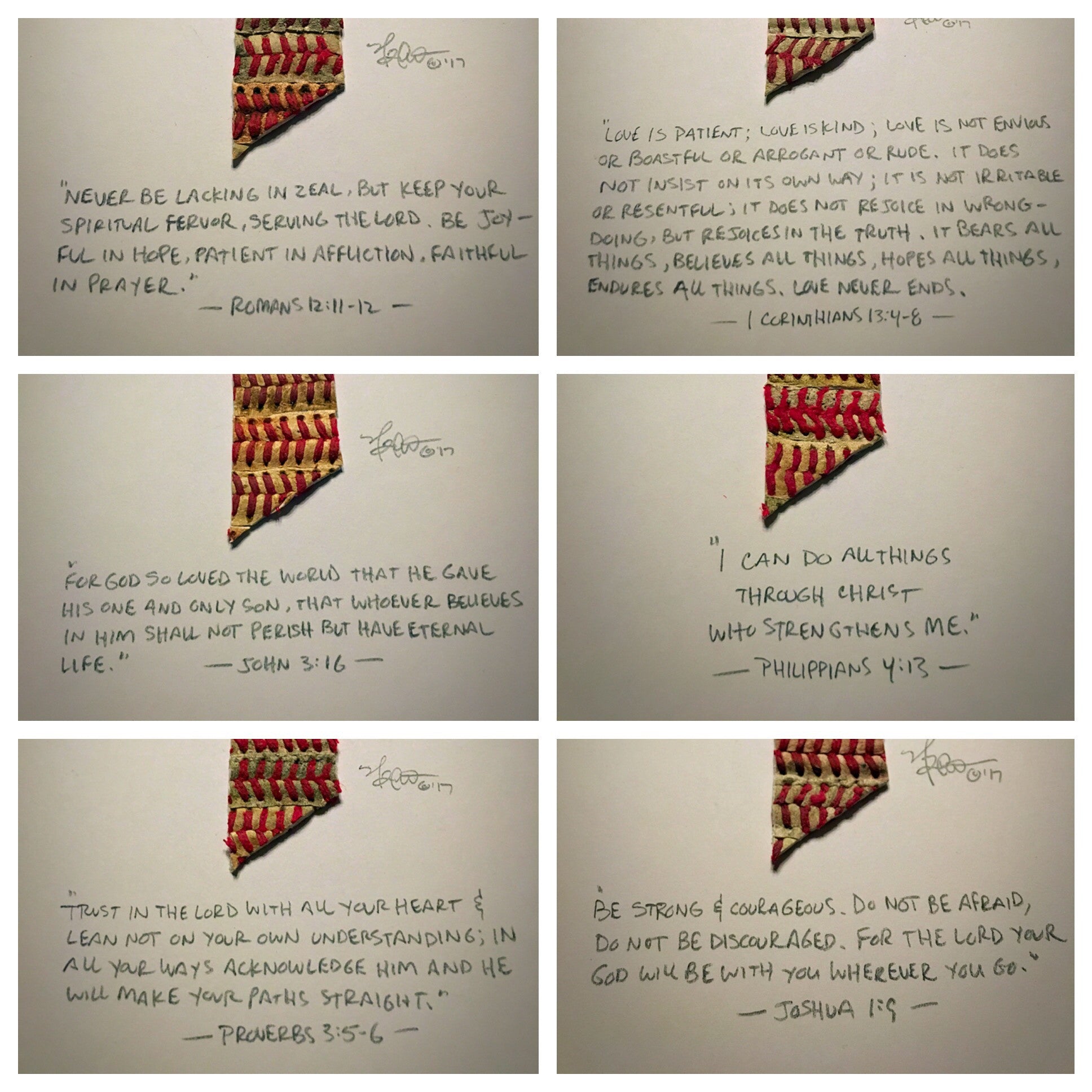The Baseball Cross - Original Artwork Made from Actual Used Baseballs, featuring inspirational Bible verses and baseball design.