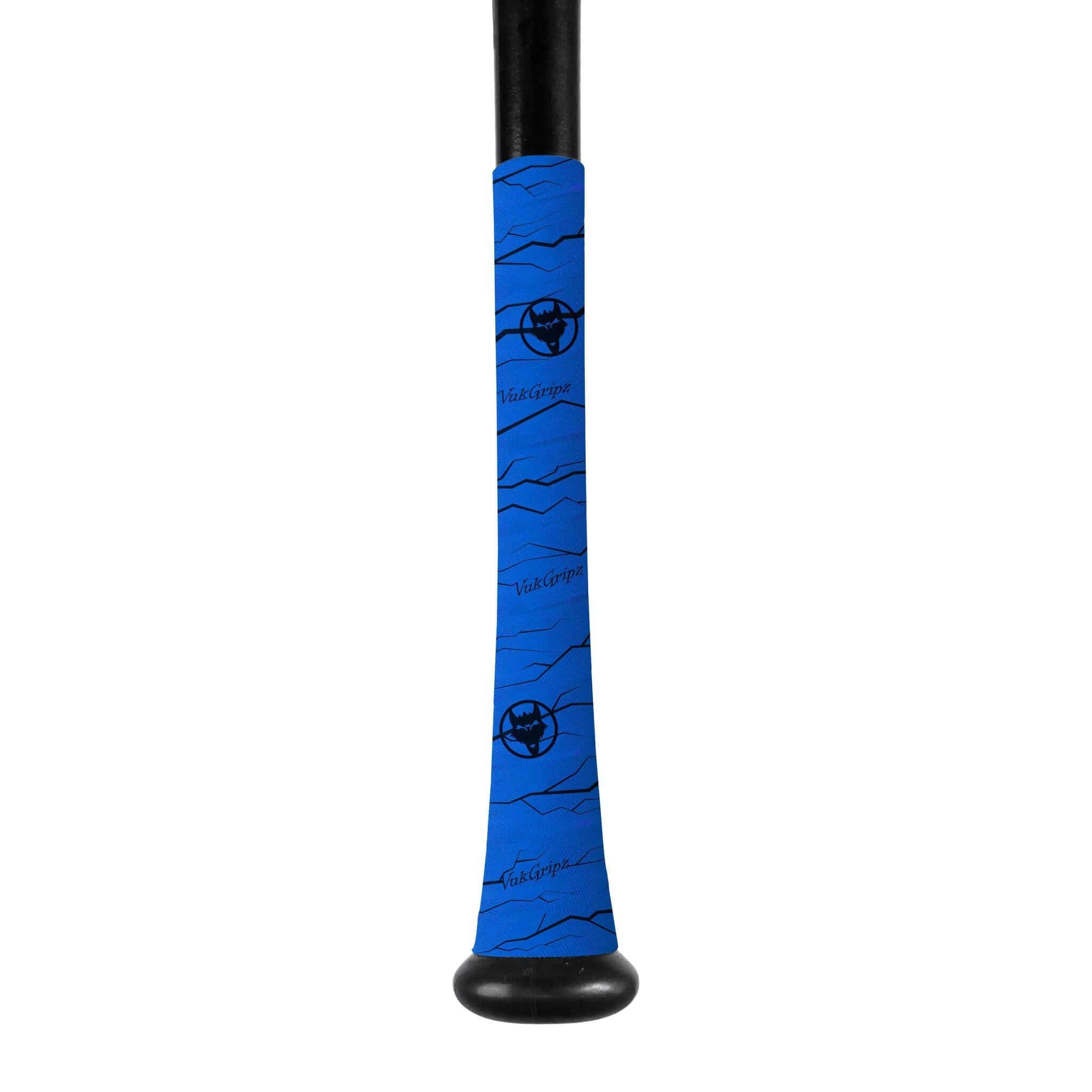 VukGripz Pulse blue baseball and softball bat grip tape with black pattern wrapped on a bat